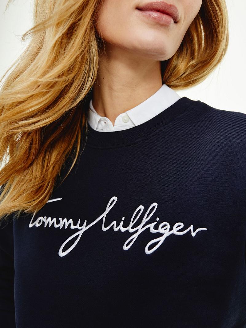 Női Tommy Hilfiger Signature Crewneck Pulóverek Sötétkék | HU 403MQZ